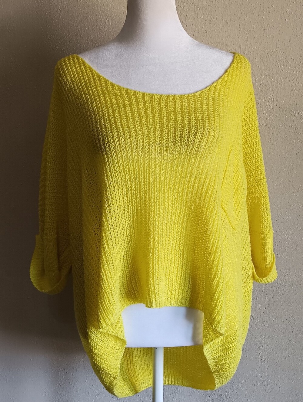 Slouchy Bright Yellow Knit Boatneck Women's Sweater, Ces Femme Size M / L